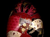 Kimono Fans Chiyogami Ukrainian Style Easter Egg Pysanky by So Jeo : Pysanky Pysanka Ukrainian Easter egg batik ukrainian easter art batik  eggshell kimono chiyogami washi origami fans cranes birds blooms gold leaf sojeo leblond artist